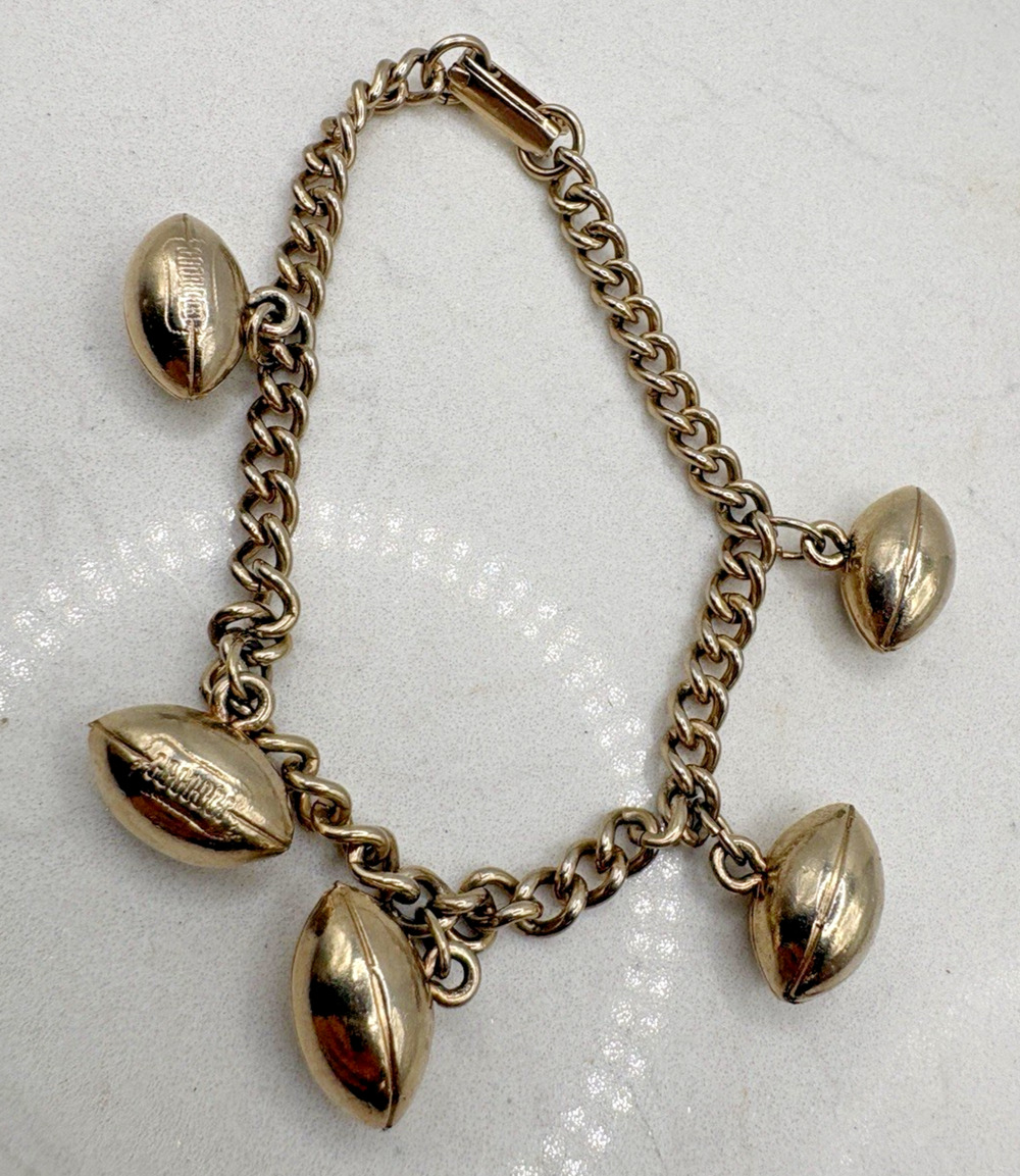 Mid-Century Modern Dangle Football Charm Bracelet Gold-tone Hinged Clasp Vintage